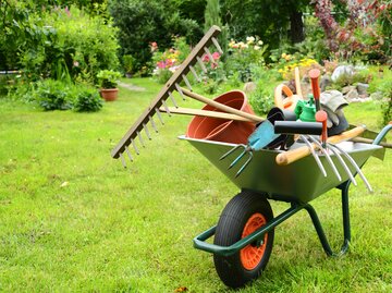 Schubkarre mit allerlei Gartenwerkzeugen.