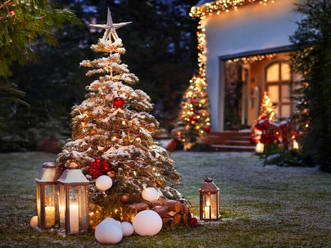 Ein festlich beleuchteter Tannenbaum mit schneebedeckten Zweigen, roten Ornamenten und Kerzenlaternen auf einer frostigen Wiese.